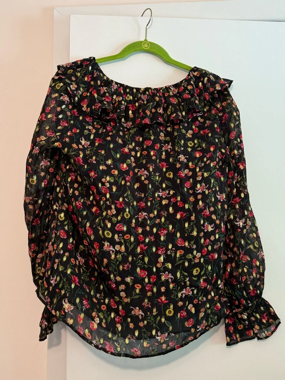 J. Crew Black Sheer Floral Ruffle-Neck Blouse